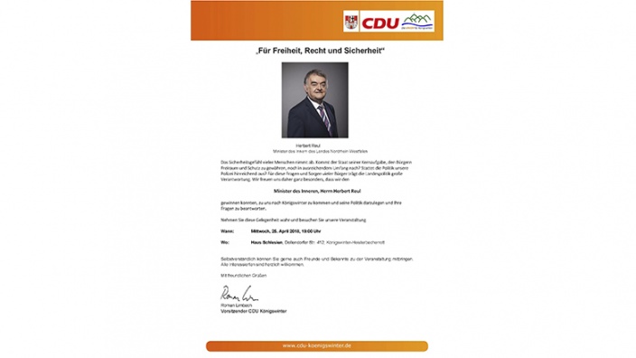 CDU Königswinter begrüßt Minister Reul als Referenten zum Thema "Für Freiheit, Recht und Sicherheit!".